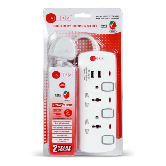 AFRA Japan Universal Extension Cord, 2Way 2USB 3M, 2 Universal Sockets, 2 USB Ports, 3 Meter Cable, Plastic Housing, 250V