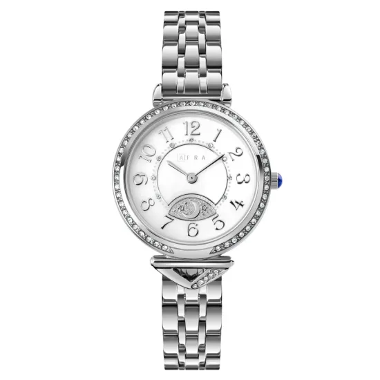 AFRA Selene Lady’s Watch, Silver Metal Alloy Case, White Dial, Silver Bracelet Strap, Water Resistant 30m