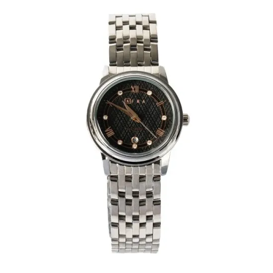 AFRA RADIANT LADIES WATCH SILVER CASE BLACK DIAL SILVER BRACELET