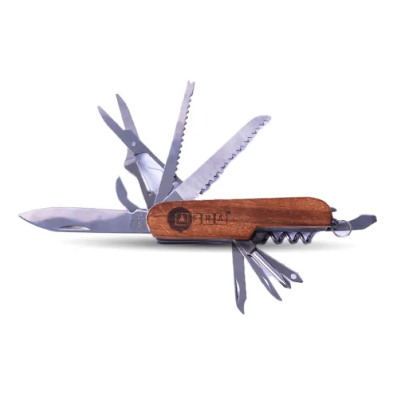 AFRA Japan Multifunction Knife, Stainless Steel, Rosewood Case, 11 in 1 Knife, Corkscrew, Bottle Opener, Can Opener, Screwdriver, Scissor, File, Small Saw, Thread/Wire Tool, Fish Scaler, With Keyring, Compact Folding